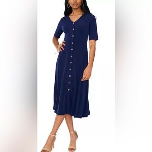 MSK Deep Navy Button-Front V-Neck Midi Dress